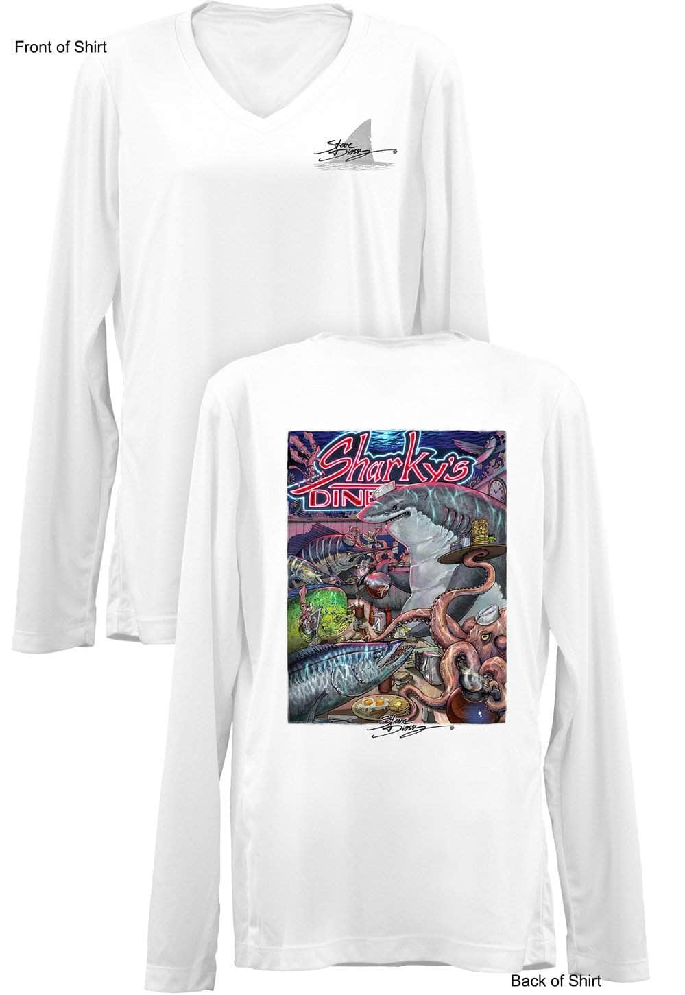 Sharky's Diner- Ladies Long Sleeve V-Neck-100% Polyester